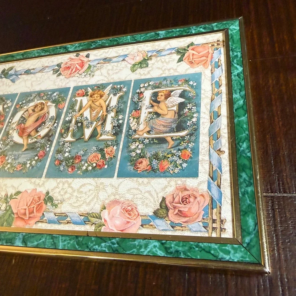 Vintage Victorian Cherub Welcome Sign Framed Wall Decor Roses Gold Green 19.5x8